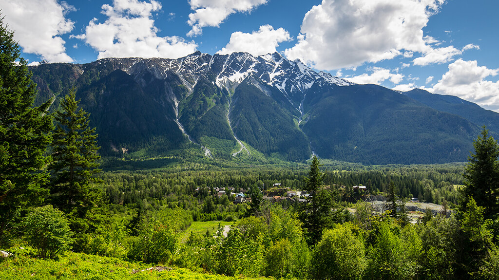 Pemberton, scenic landscape view of snow capped mountains, forest, and grassy field.